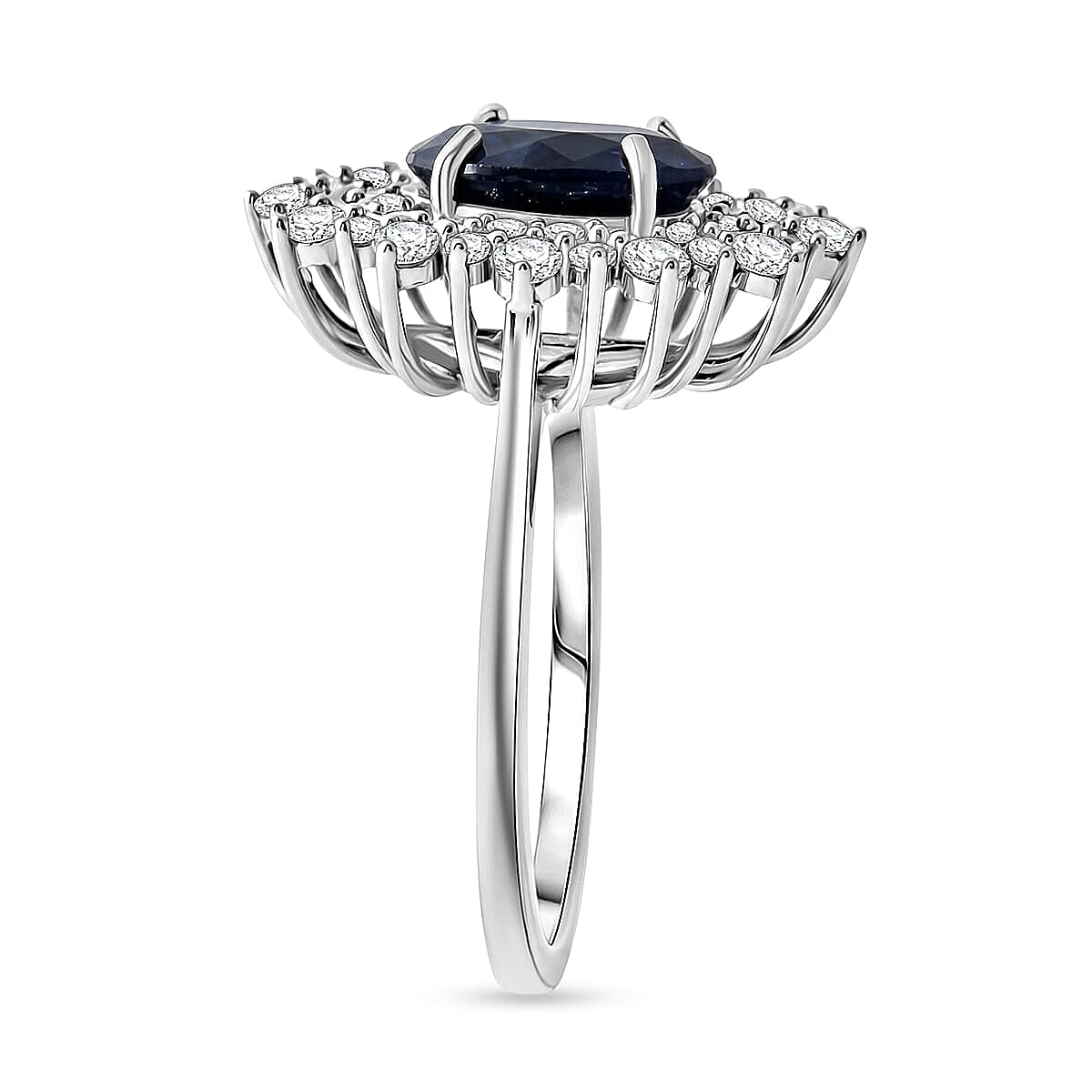 D'Joy Madagascar Blue Sapphire (DF), Moissanite Ring in Rhodium Over Sterling Silver (Size 5.0) 3.00 ctw