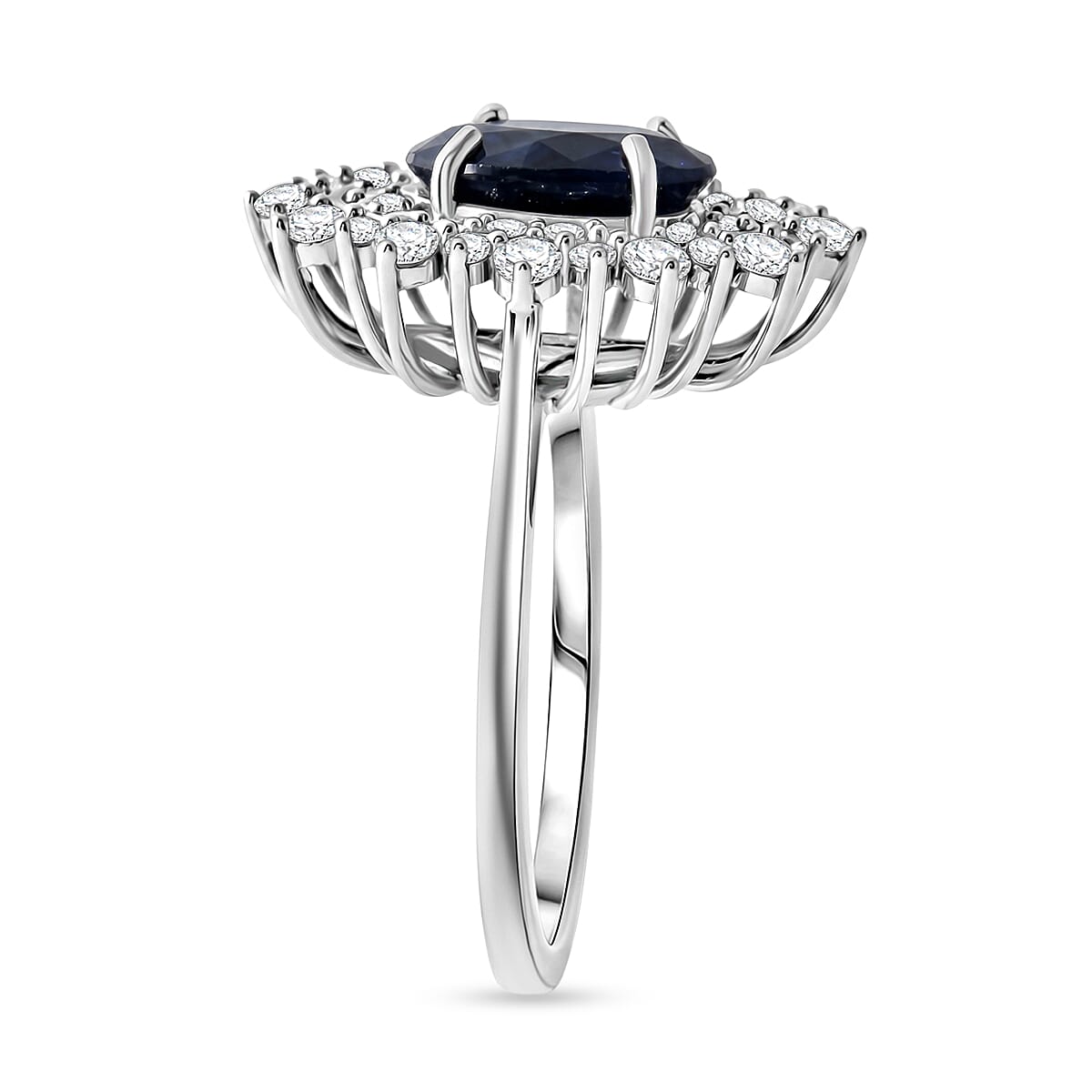 D'Joy Kanchanaburi Blue Sapphire (DF) and Moissanite 3.00 ctw Midnight Sunburst Ring in Rhodium Over Sterling Silver (Size 6.0)