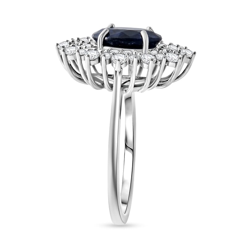 D'Joy Kanchanaburi Blue Sapphire (DF) and Moissanite 3.00 ctw Midnight Sunburst Ring in Rhodium Over Sterling Silver (Size 6.0)