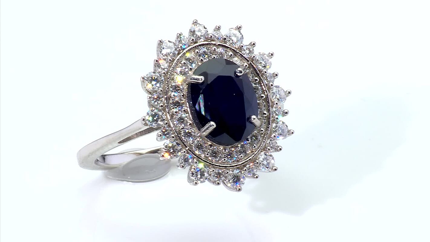 D'Joy Madagascar Blue Sapphire (DF), Moissanite Ring in Rhodium Over Sterling Silver (Size 10.0) 3.00 ctw