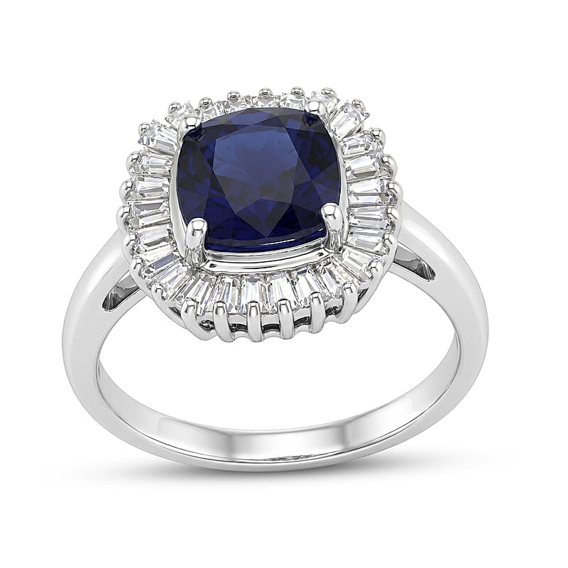 D'Joy Kanchanaburi Blue Sapphire (DF) and Moissanite 3.30 ctw Blue Eclipse Halo Ring in Rhodium Over Sterling Silver (Size 5.0)