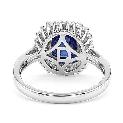 D'Joy Kanchanaburi Blue Sapphire (DF) and Moissanite 3.30 ctw Blue Eclipse Halo Ring in Rhodium Over Sterling Silver (Size 5.0)