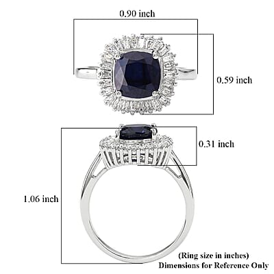 D'Joy Kanchanaburi Blue Sapphire (DF) and Moissanite 3.30 ctw Blue Eclipse Halo Ring in Rhodium Over Sterling Silver (Size 5.0)