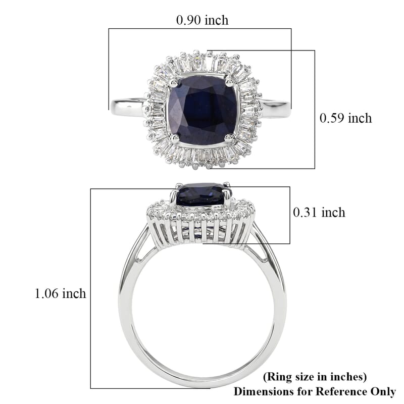 D'Joy Kanchanaburi Blue Sapphire (DF) and Moissanite 3.30 ctw Blue Eclipse Halo Ring in Rhodium Over Sterling Silver (Size 6.0)