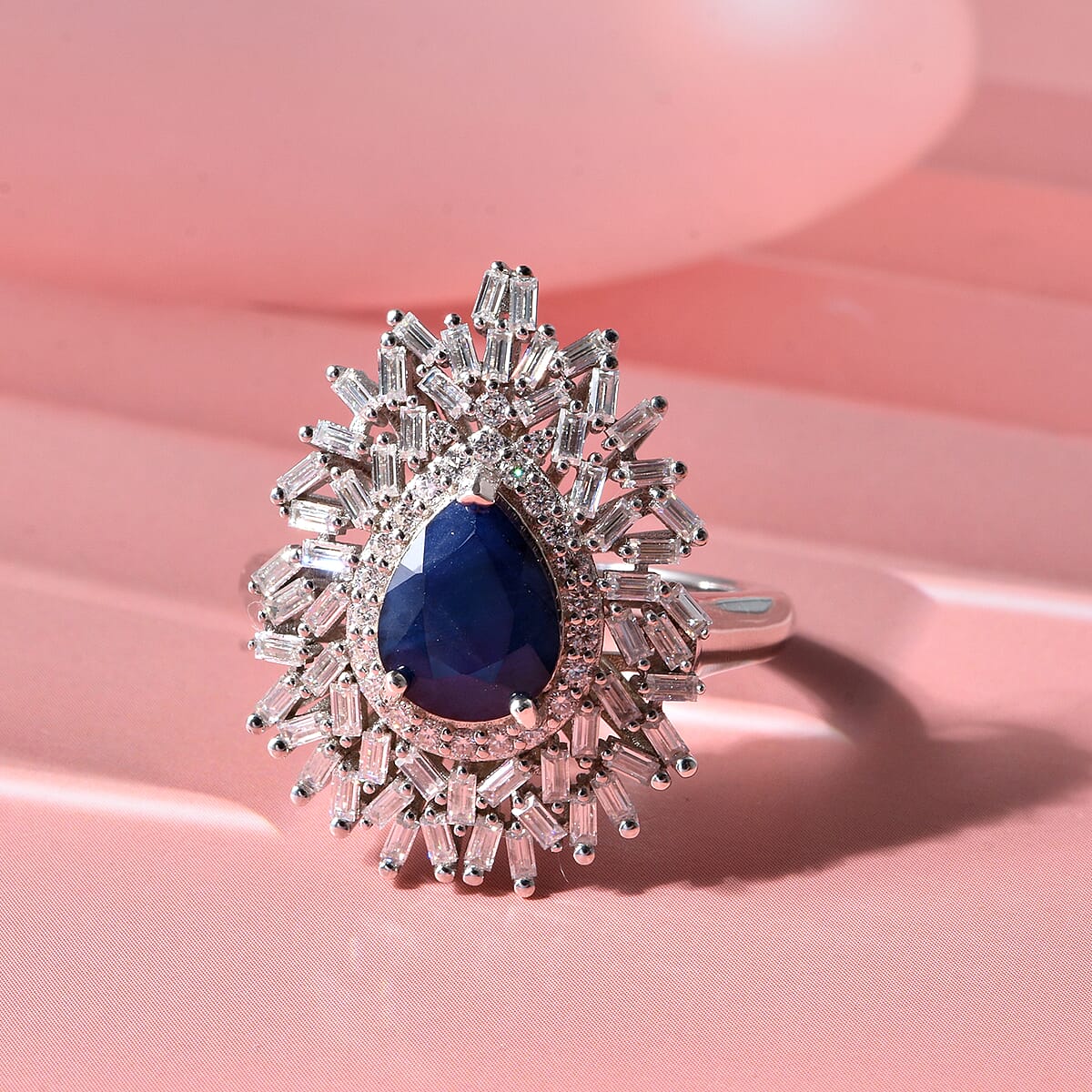 D'Joy Madagascar Blue Sapphire (DF), Moissanite Ring in Rhodium Over Sterling Silver (Size 10.0) 2.90 ctw image number 1