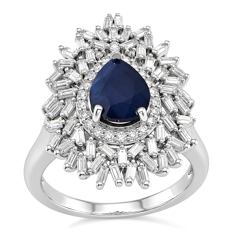 D'Joy Kanchanaburi Blue Sapphire (DF) and Moissanite 2.90 ctw Midnight Starburst Ring in Rhodium Over Sterling Silver (Size 7.0)
