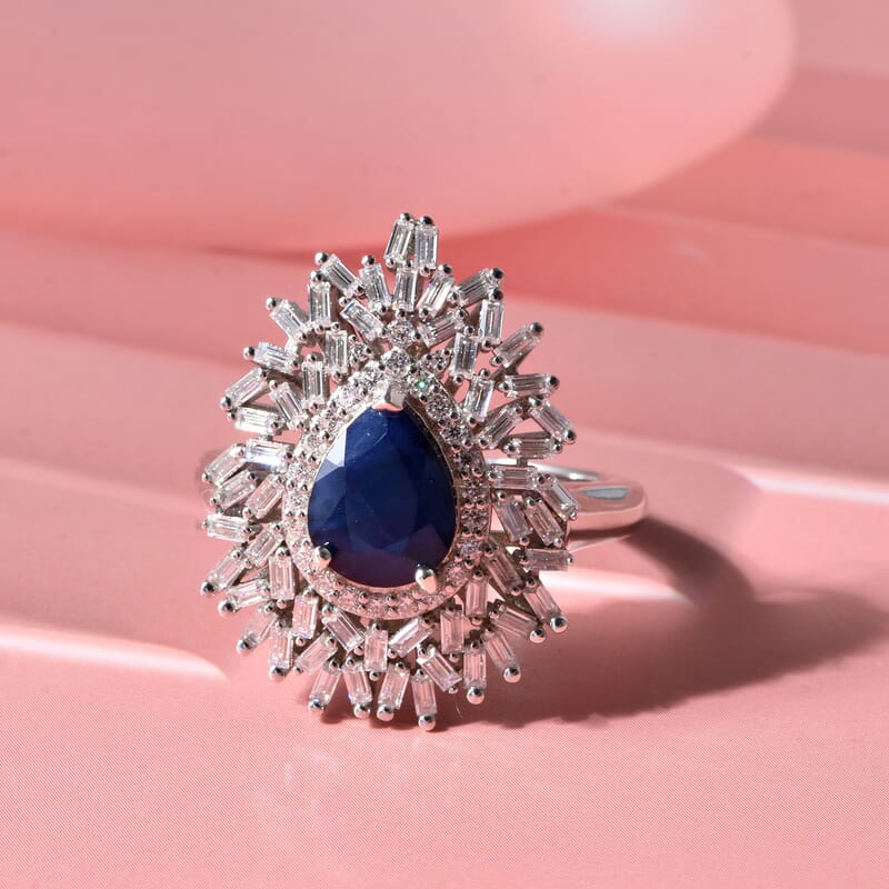D'Joy Kanchanaburi Blue Sapphire (DF) and Moissanite 2.90 ctw Midnight Starburst Ring in Rhodium Over Sterling Silver (Size 7.0)