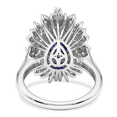 D'Joy Kanchanaburi Blue Sapphire (DF) and Moissanite 2.90 ctw Midnight Starburst Ring in Rhodium Over Sterling Silver (Size 7.0)