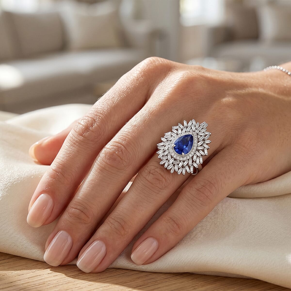 D'Joy Kanchanaburi Blue Sapphire (DF) and Moissanite 2.90 ctw Midnight Starburst Ring in Rhodium Over Sterling Silver (Size 8.0) image number 2