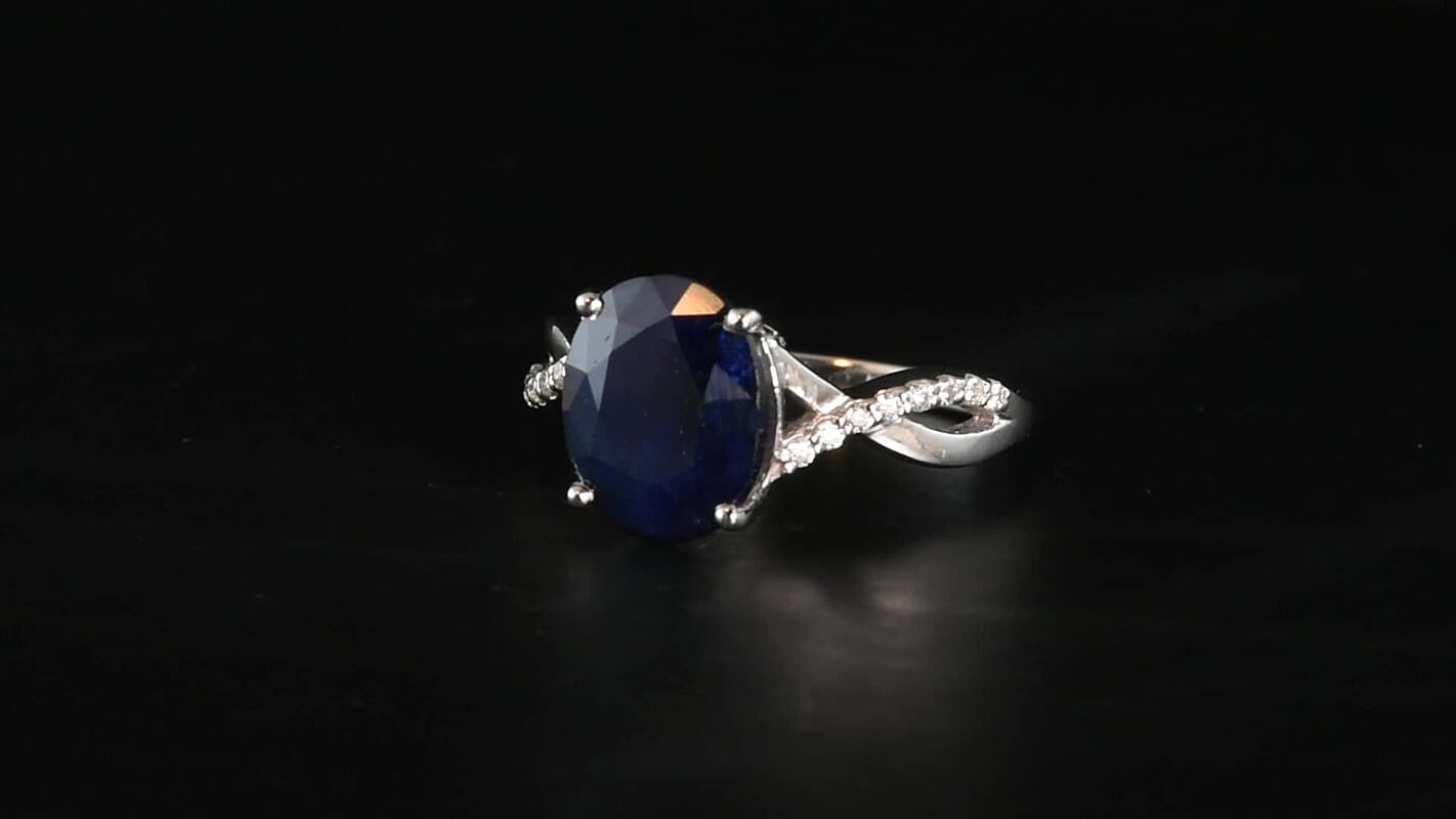 D'Joy Madagascar Blue Sapphire (DF), Moissanite Ring in Rhodium Over Sterling Silver (Size 10.0) 4.50 ctw