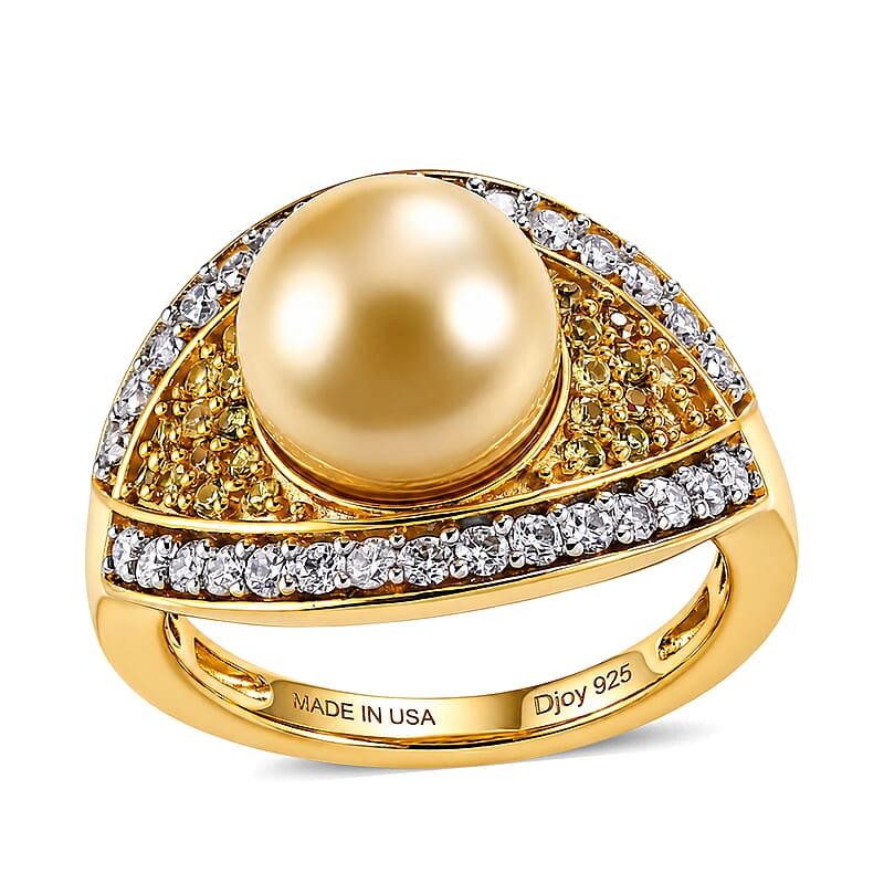 D'Joy Premium South Sea Golden Pearl and Multi Gemstone 0.70 ctw Royal Glow Ring in 18K Vermeil Yellow Gold Over Sterling Silver (Size 6.0)