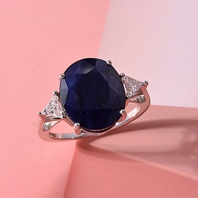 AAA Kanchanaburi Blue Sapphire (DF) and Luxuriant Lab Grown Diamond E-F VS 10.40 ctw Midnight Royal Solitaire Ring in 10K White Gold (Size 6.0)