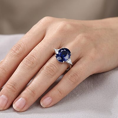 AAA Kanchanaburi Blue Sapphire (DF) and Luxuriant Lab Grown Diamond E-F VS 10.40 ctw Midnight Royal Solitaire Ring in 10K White Gold (Size 6.0)