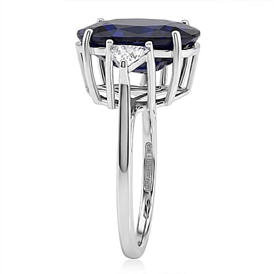 AAA Kanchanaburi Blue Sapphire (DF) and Luxuriant Lab Grown Diamond E-F VS 10.40 ctw Midnight Royal Solitaire Ring in 10K White Gold (Size 6.0)