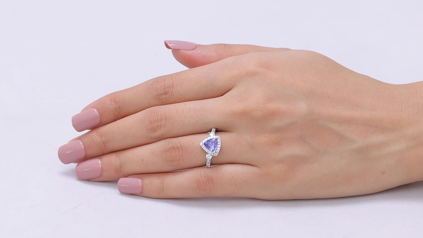 SGL Certified D'Joy Premium Tanzanite, Moissanite Ring in Rhodium Over Sterling Silver (Size 10.0) 1.70 ctw