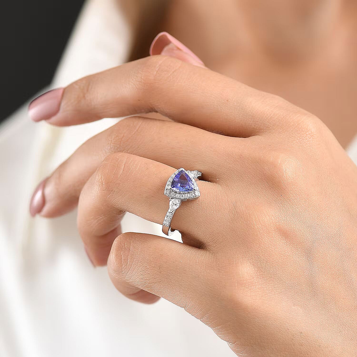 SGL Certified D'Joy Premium Tanzanite and Moissanite 1.70 ctw Trillion Cut Ring in Rhodium Over Sterling Silver (Size 9.0)