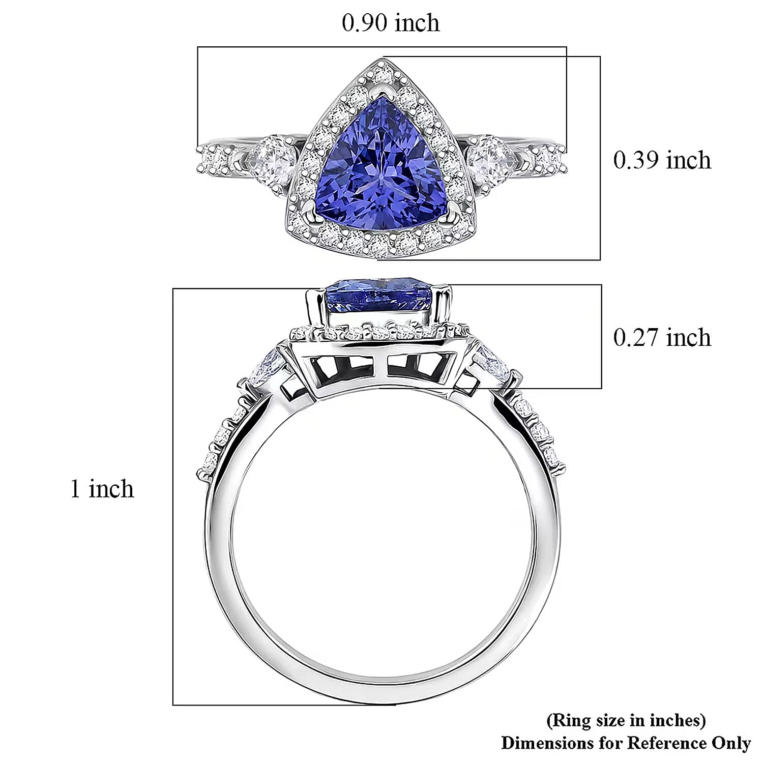 SGL Certified D'Joy Premium Tanzanite and Moissanite 1.70 ctw Trillion Cut Ring in Rhodium Over Sterling Silver (Size 9.0)