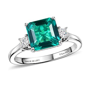 D'Joy Asscher Cut AAA Lab Grown Colombian Emerald and Moissanite 2.50 ctw Verdant Geometry Ring in Rhodium Over Sterling Silver (Size 10.0)