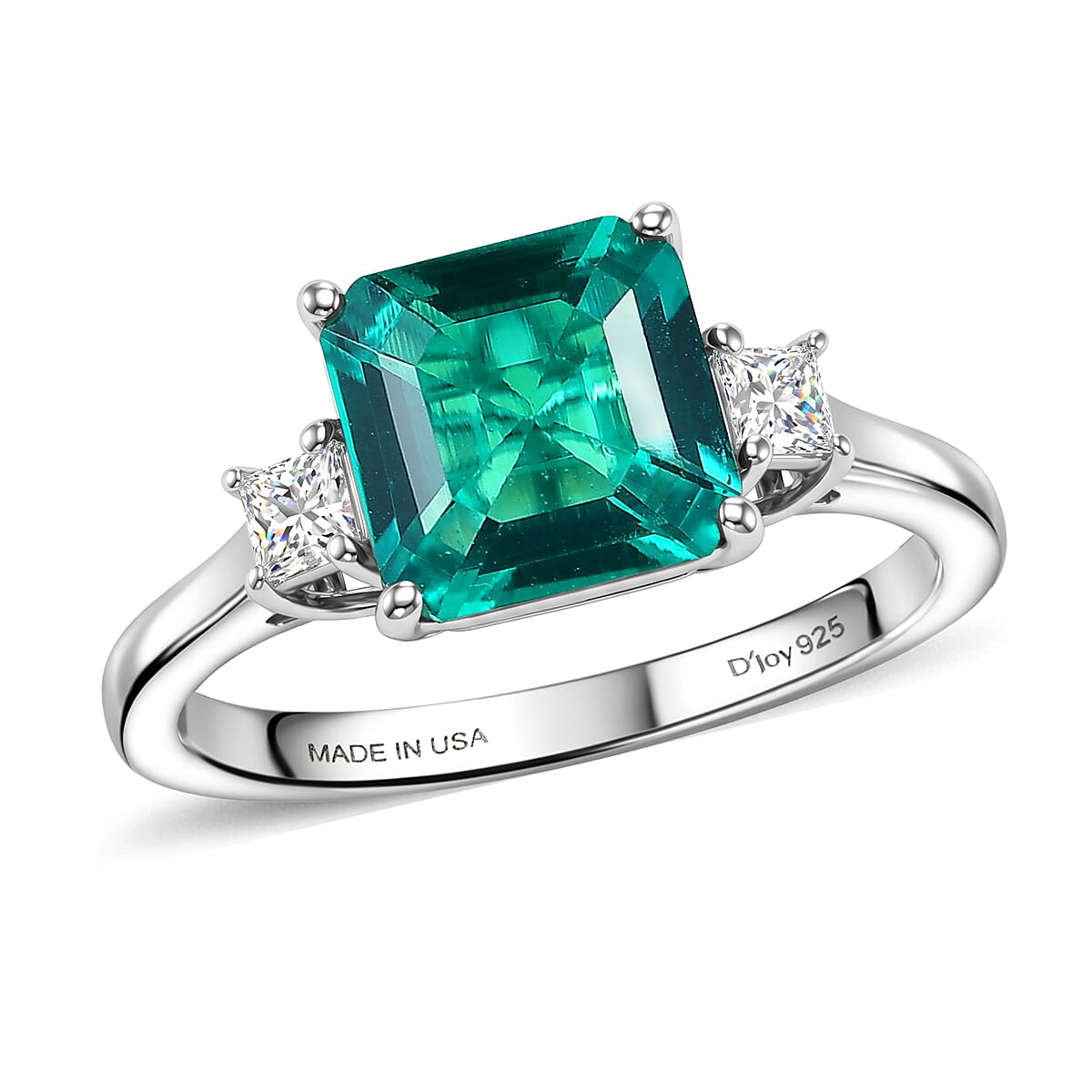 D'Joy Asscher Cut AAA Lab Grown Colombian Emerald and Moissanite 2.50 ctw Verdant Geometry Ring in Rhodium Over Sterling Silver (Size 6.0) (Ships in 8-10 Days)