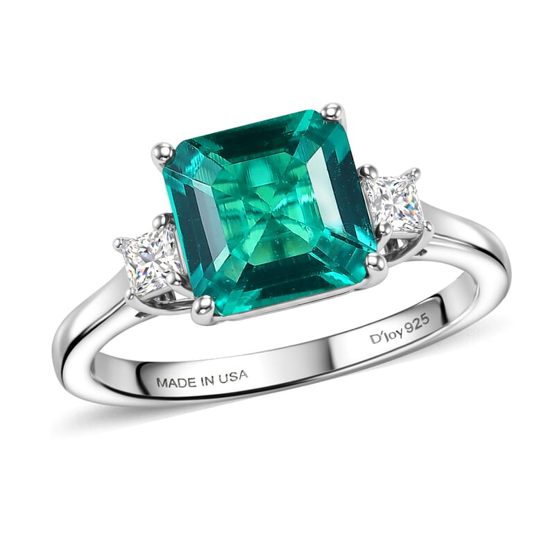 D'Joy Asscher Cut AAA Lab Grown Colombian Emerald and Moissanite 2.50 ctw Verdant Geometry Ring in Rhodium Over Sterling Silver (Size 6.0)