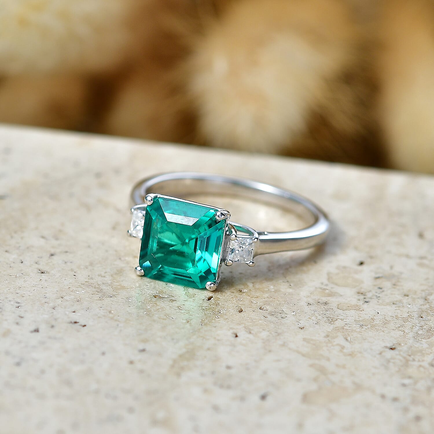 D'Joy Asscher Cut AAA Lab Grown Colombian Emerald and Moissanite 2.50 ctw Verdant Geometry Ring in Rhodium Over Sterling Silver (Size 6.0) (Ships in 8-10 Days)