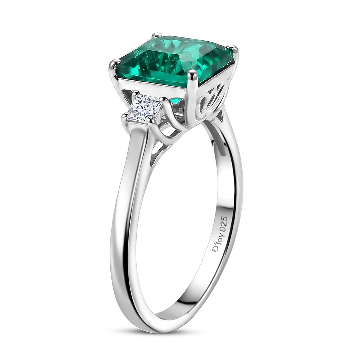 D'Joy Asscher Cut AAA Lab Grown Colombian Emerald and Moissanite 2.50 ctw Verdant Geometry Ring in Rhodium Over Sterling Silver (Size 6.0) (Ships in 8-10 Days)
