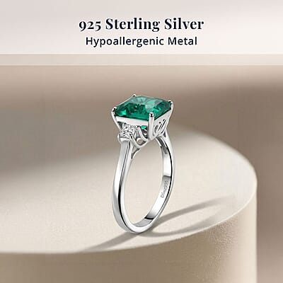 D'Joy Asscher Cut AAA Lab Grown Colombian Emerald and Moissanite 2.50 ctw Verdant Geometry Ring in Rhodium Over Sterling Silver (Size 6.0)