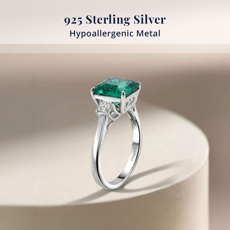 D'Joy Asscher Cut AAA Lab Grown Colombian Emerald and Moissanite 2.50 ctw Verdant Geometry Ring in Rhodium Over Sterling Silver (Size 6.0)