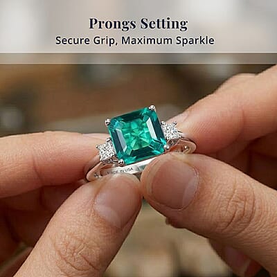 D'Joy Asscher Cut AAA Lab Grown Colombian Emerald and Moissanite 2.50 ctw Verdant Geometry Ring in Rhodium Over Sterling Silver (Size 6.0)