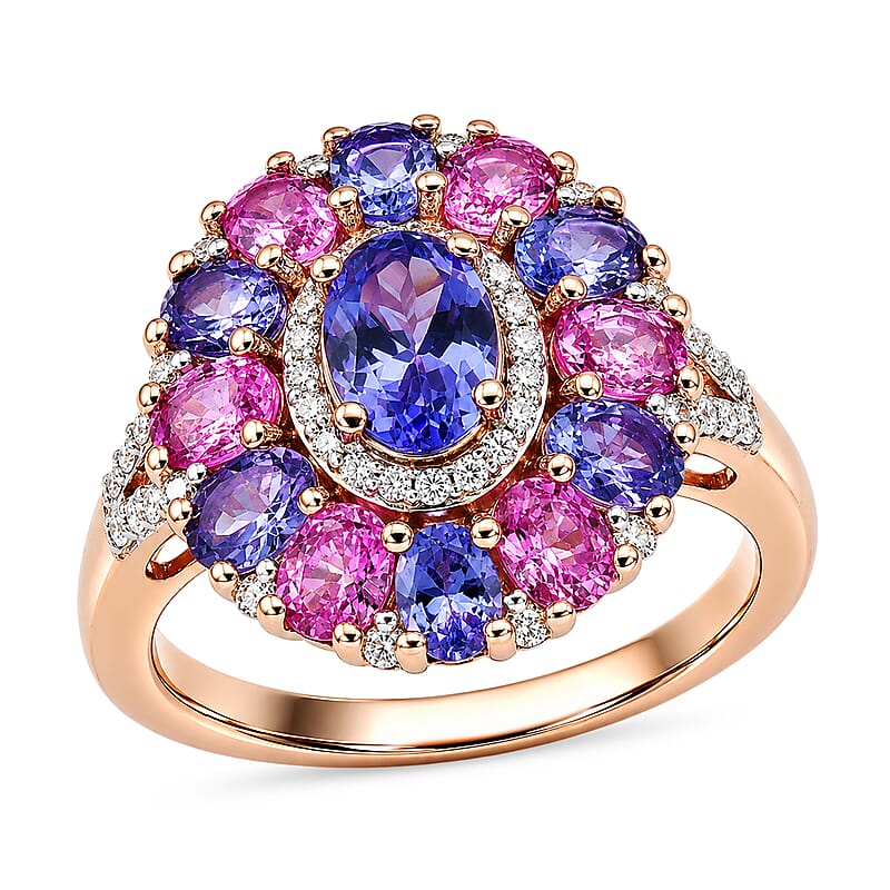 D'Joy Tanzanite and Multi Gemstone 3.50 ctw Rose Twilight Ring in 18K Vermeil Rose Gold Over Sterling Silver (Size  6.0)