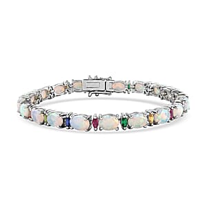 D'Joy Premium Ethiopian Welo Opal and Multi-Tourmaline 8.90 ctw Starlight Bracelet in Rhodium Over Sterling Silver (6.50 In)