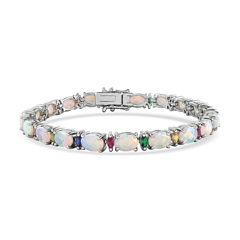 D'Joy Premium Ethiopian Welo Opal and Multi-Tourmaline 10.00 ctw Starlight Bracelet in Rhodium Over Sterling Silver (7.25 In)