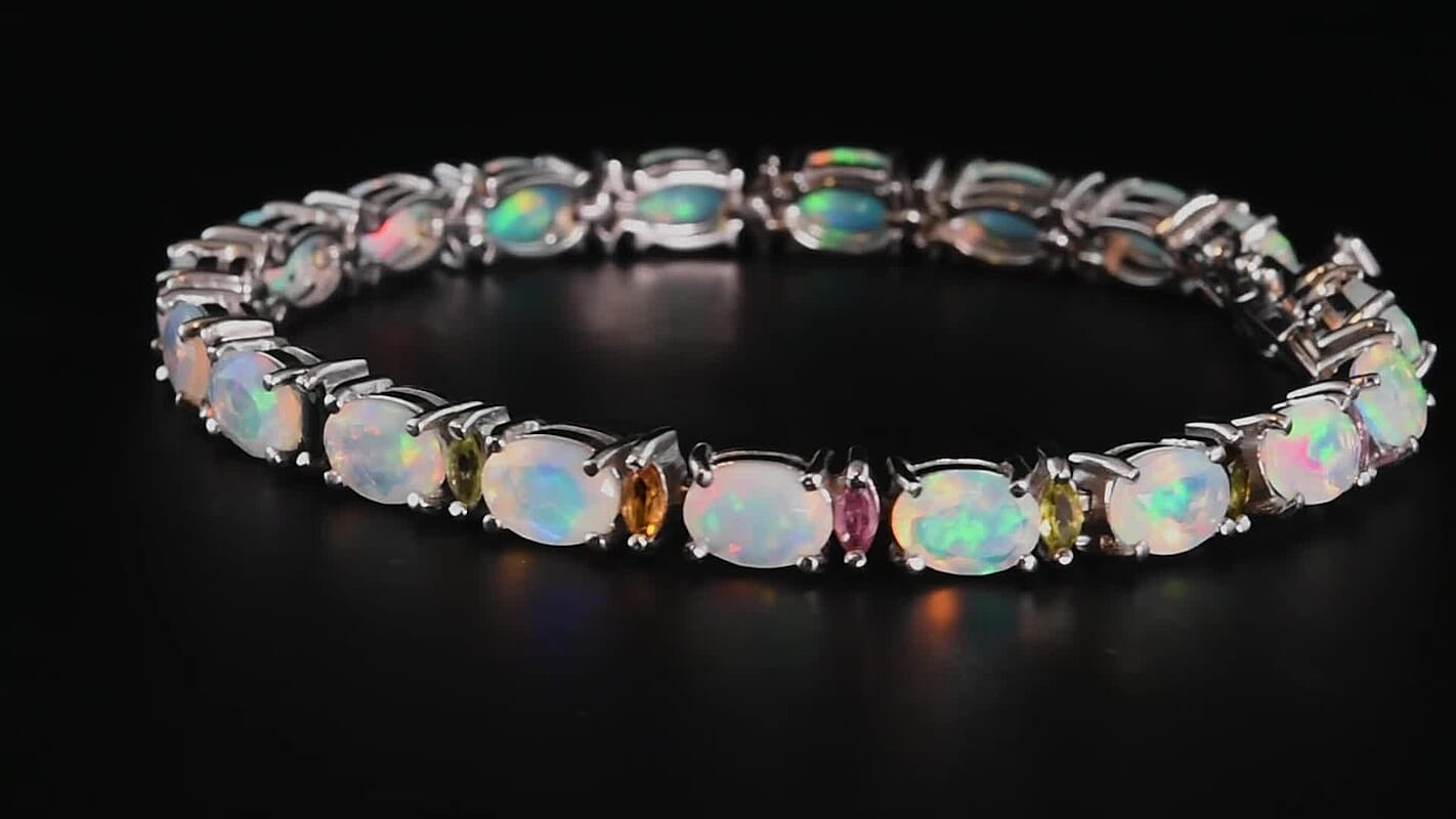 D'Joy Premium Ethiopian Welo Opal, Multi-Tourmaline Bracelet in Rhodium Over Sterling Silver (6.50 In) 8.90 ctw