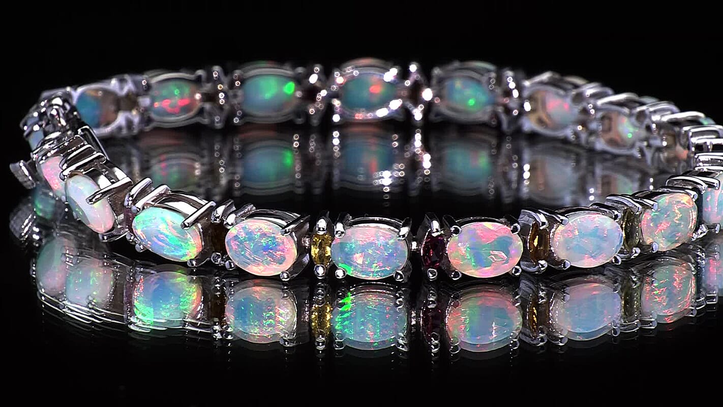 D'Joy Premium Ethiopian Welo Opal, Multi-Tourmaline Bracelet in Rhodium Over Sterling Silver (6.50 In) 8.90 ctw