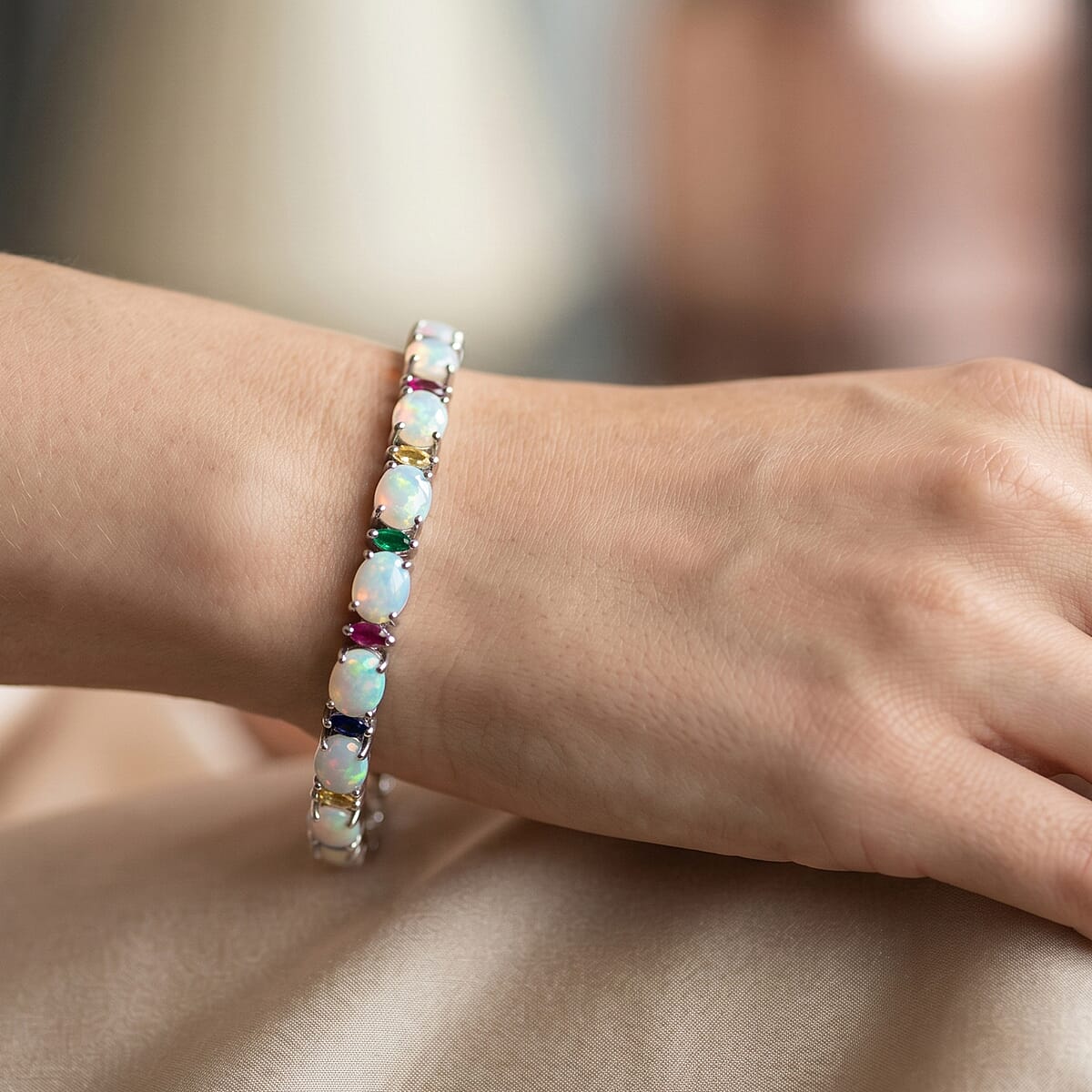 D'Joy Premium Ethiopian Welo Opal and Multi-Tourmaline 10.00 ctw Starlight Bracelet in Rhodium Over Sterling Silver (7.25 In) image number 2