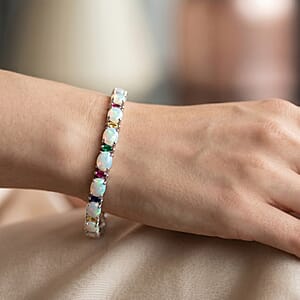 D'Joy Premium Ethiopian Welo Opal and Multi-Tourmaline 10.00 ctw Starlight Bracelet in Rhodium Over Sterling Silver (7.25 In)