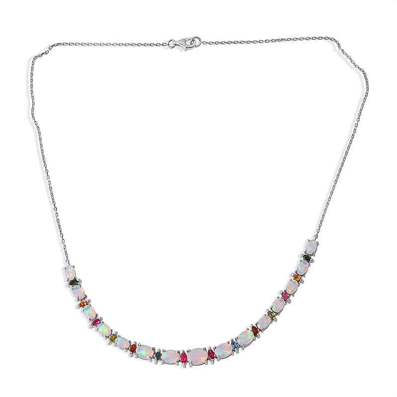 D'Joy Premium Ethiopian Welo Opal and Multi-Tourmaline 6.70 ctw Starlight Necklace in Rhodium Over Sterling Silver 18 Inches