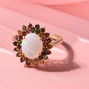 D'Joy Premium Ethiopian Welo Opal and Multi-Tourmaline 3.50 ctw Celestial Bloom Ring in 18K Vermeil Yellow Gold Over Sterling Silver (Size 10.0)