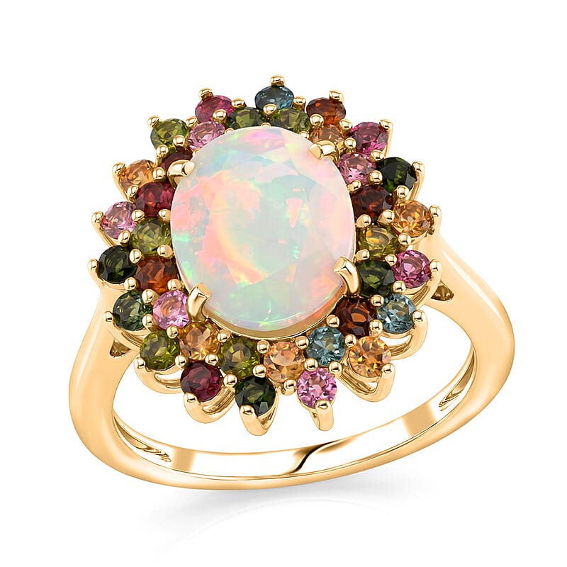 D'Joy Premium Ethiopian Welo Opal and Multi-Tourmaline 3.50 ctw Celestial Bloom Ring in 18K Vermeil Yellow Gold Over Sterling Silver (Size 6.0)