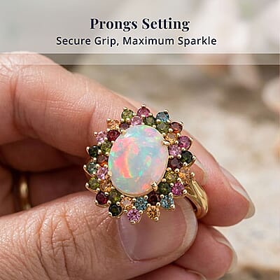 D'Joy Premium Ethiopian Welo Opal and Multi-Tourmaline 3.50 ctw Celestial Bloom Ring in 18K Vermeil Yellow Gold Over Sterling Silver (Size 6.0)