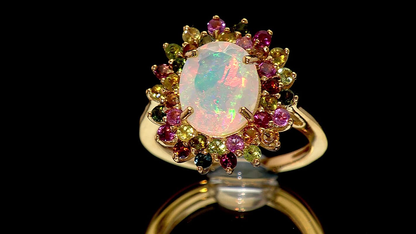 D'Joy Premium Ethiopian Welo Opal, Multi-Tourmaline Celestial Bloom Ring in 18K Vermeil YG Over Sterling Silver (Size 10.0) (Ships in 10-12 Days) 3.50 ctw