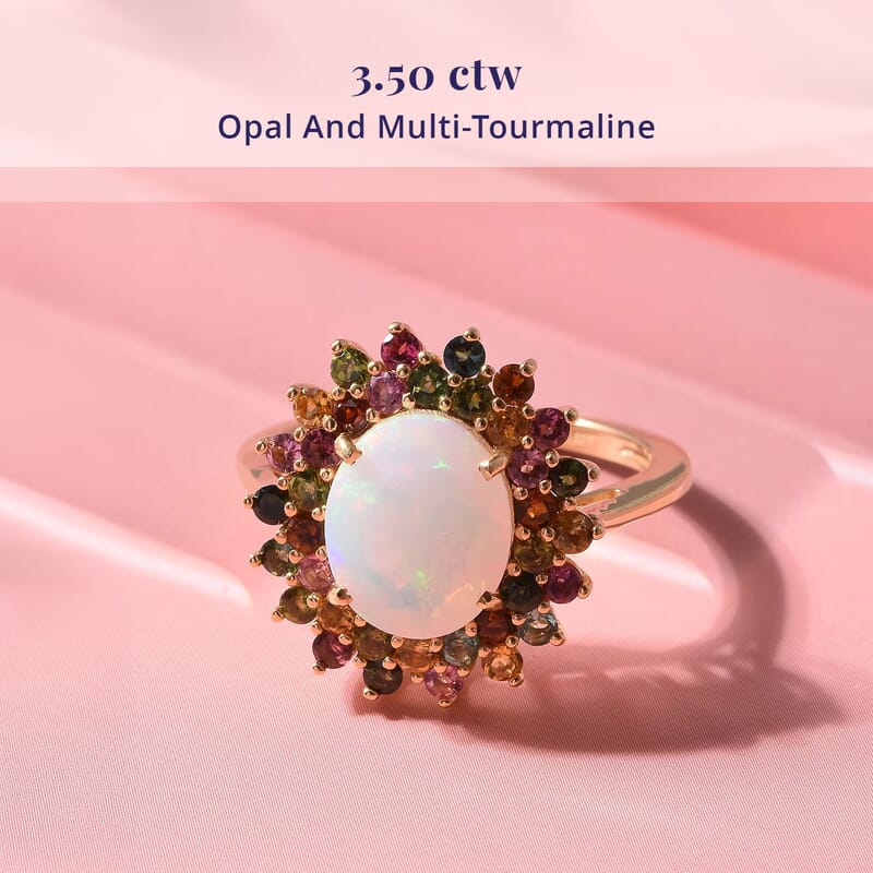 D'Joy Premium Ethiopian Welo Opal and Multi-Tourmaline 3.50 ctw Celestial Bloom Ring in 18K Vermeil Yellow Gold Over Sterling Silver (Size 7.0)