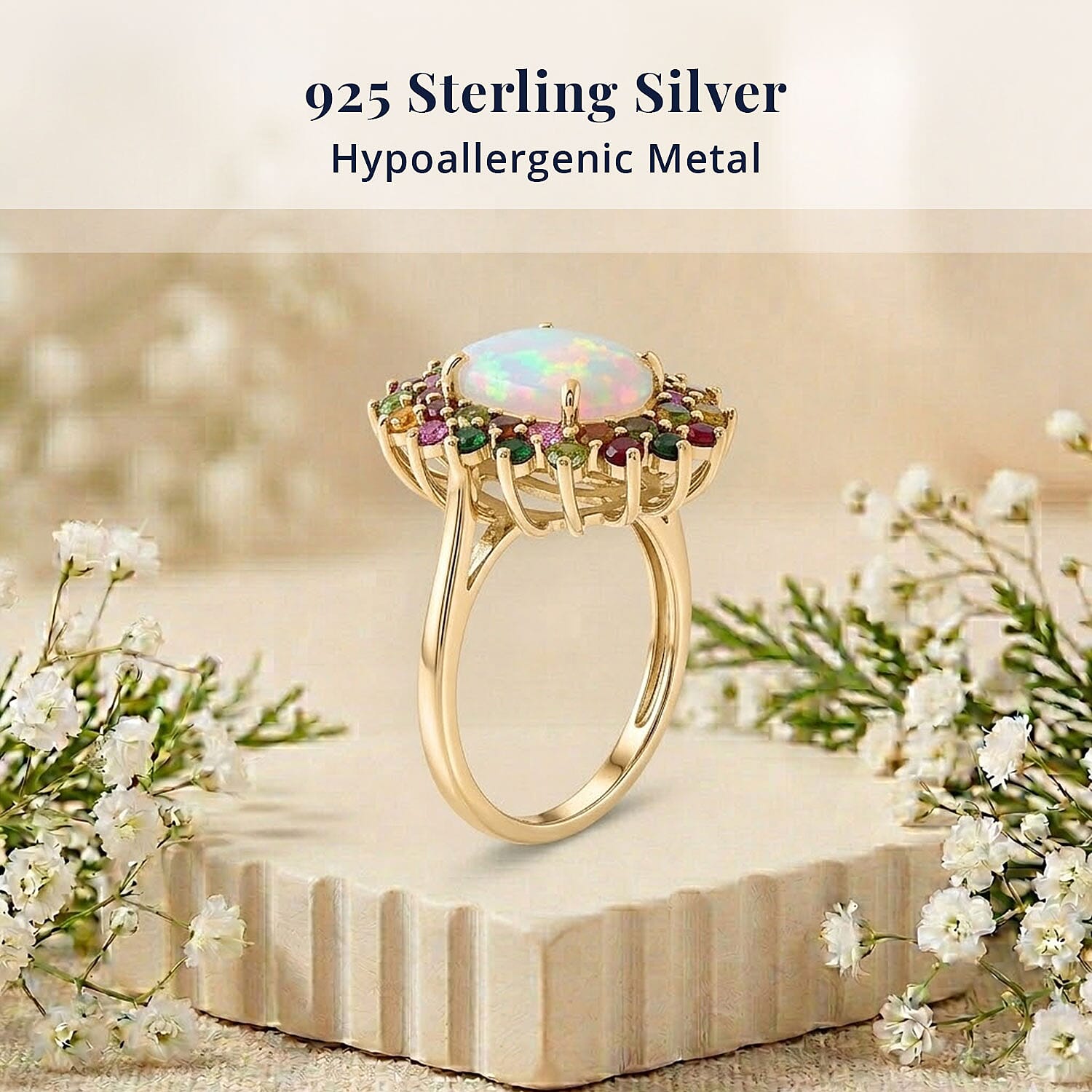 D'Joy Premium Ethiopian Welo Opal and Multi-Tourmaline 3.50 ctw Celestial Bloom Ring in 18K Vermeil Yellow Gold Over Sterling Silver (Size 7.0)
