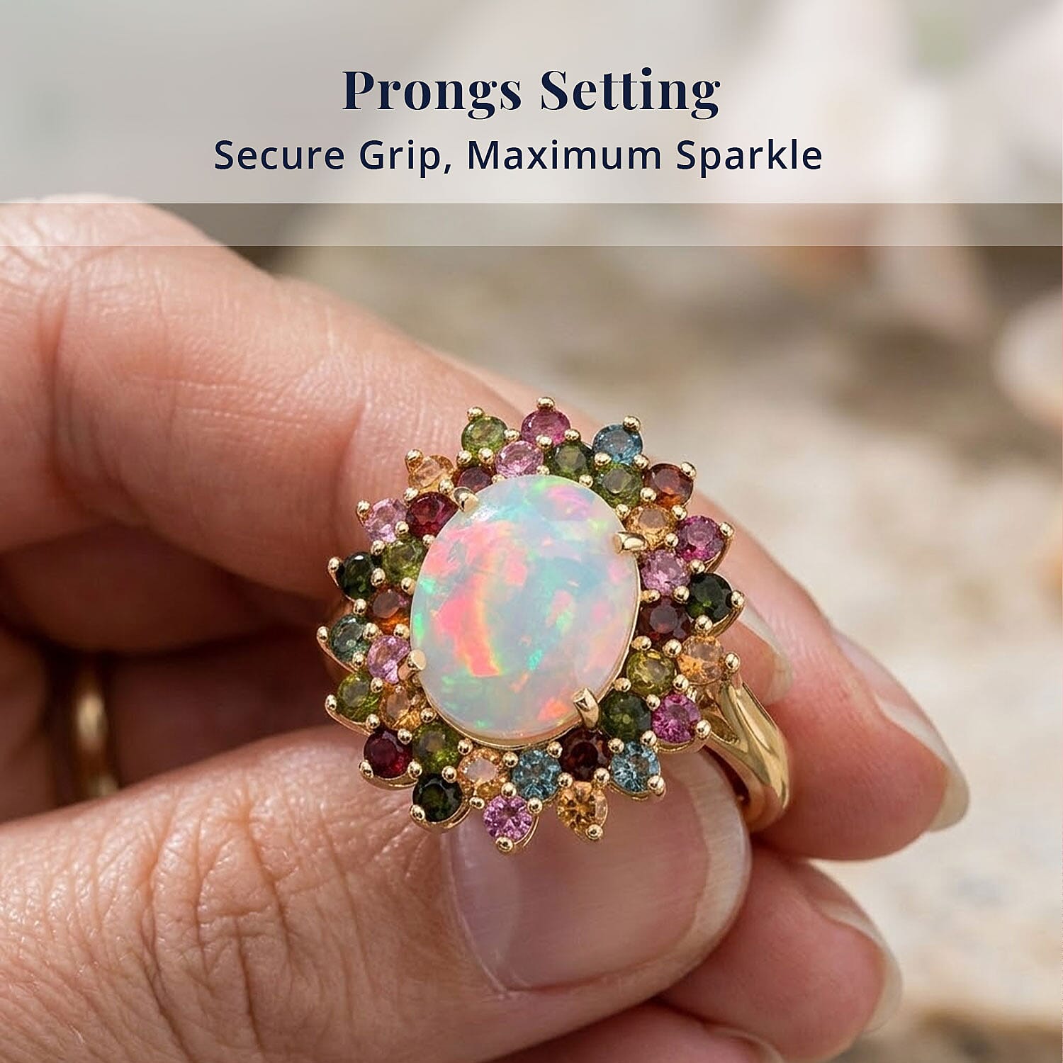 D'Joy Premium Ethiopian Welo Opal and Multi-Tourmaline 3.50 ctw Celestial Bloom Ring in 18K Vermeil Yellow Gold Over Sterling Silver (Size 7.0)