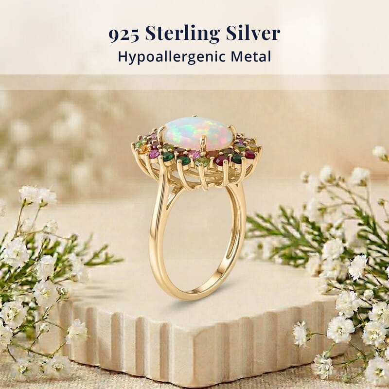 D'Joy Premium Ethiopian Welo Opal and Multi-Tourmaline 3.50 ctw Celestial Bloom Ring in 18K Vermeil Yellow Gold Over Sterling Silver (Size 8.0)