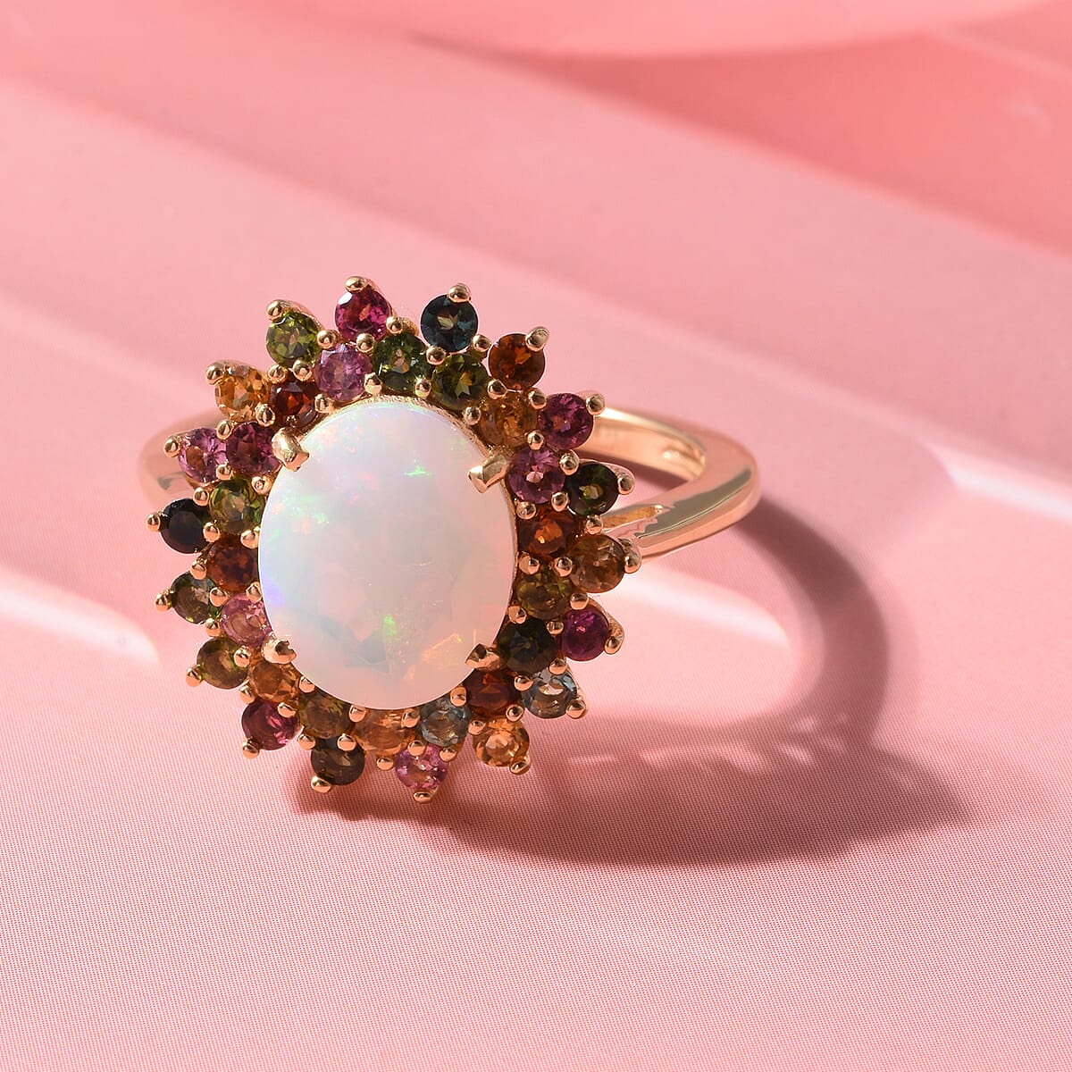 D'Joy Premium Ethiopian Welo Opal and Multi-Tourmaline 3.50 ctw Celestial Bloom Ring in 18K Vermeil Yellow Gold Over Sterling Silver (Size 9.0) image number 1