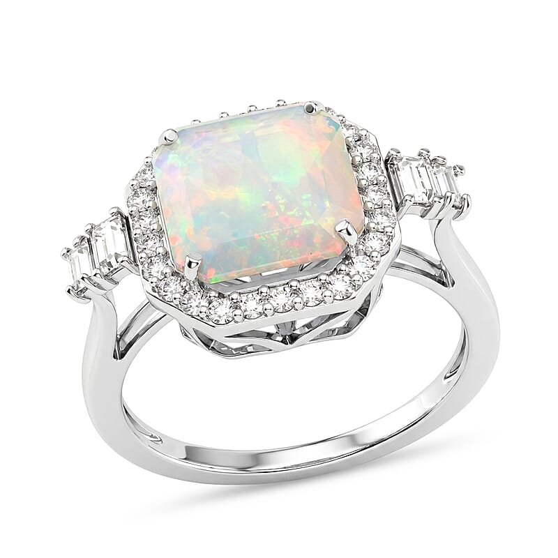 D'Joy AAA Ethiopian Welo Opal and Moissanite Starlit Frame Ring 3.60 ctw in Rhodium Over Sterling Silver (Size 6.0)