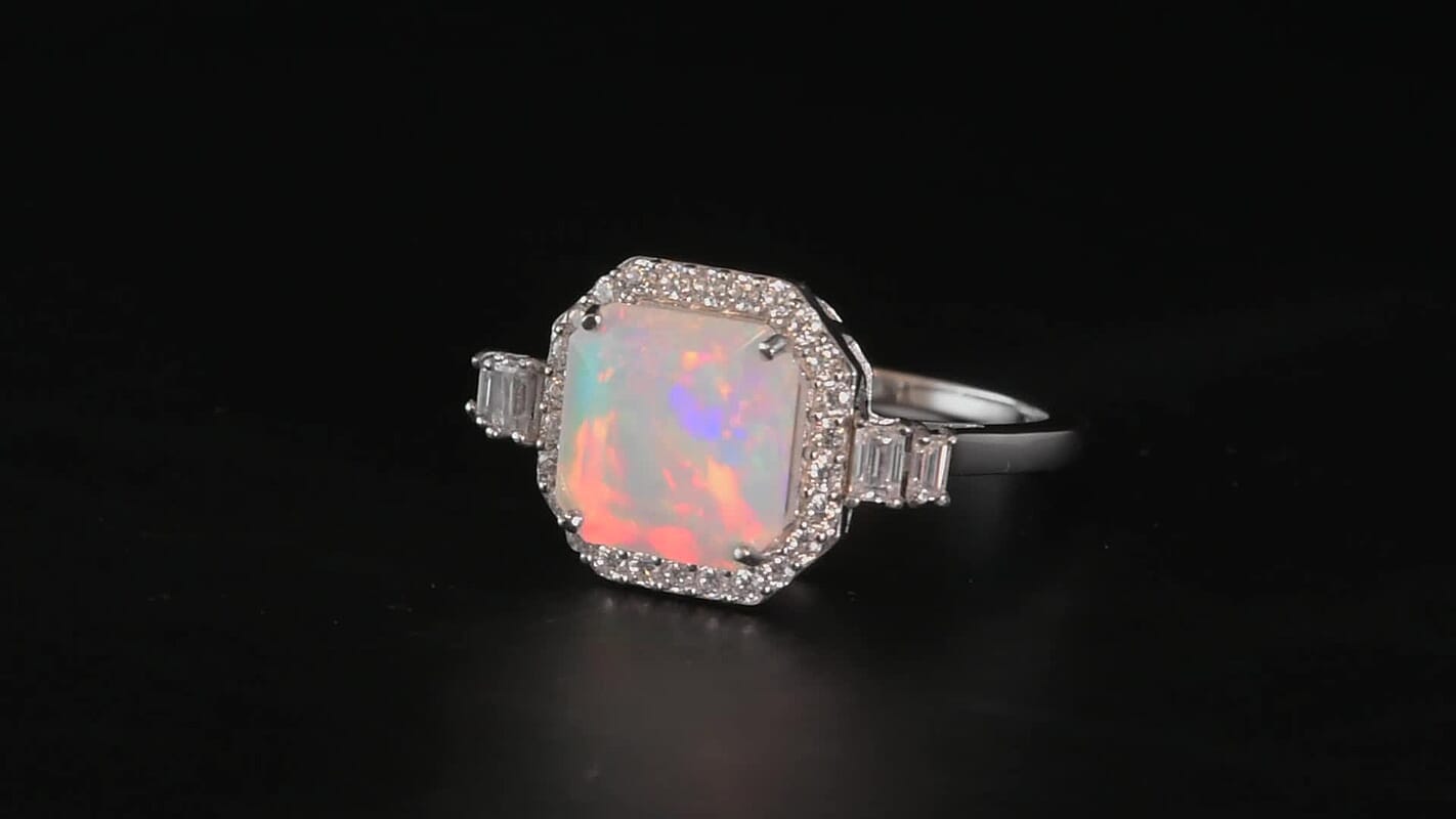 D'Joy AAA Ethiopian Welo Opal, Moissanite Ring in Rhodium Over Sterling Silver (Size 10.0) 3.60 ctw