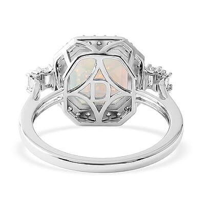 D'Joy AAA Ethiopian Welo Opal and Moissanite Starlit Frame Ring 3.60 ctw in Rhodium Over Sterling Silver (Size 6.0)