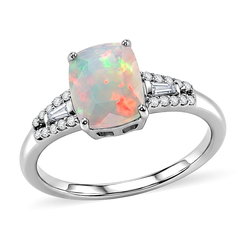 D'Joy Premium Ethiopian Welo Opal and Moissanite 1.35 ctw Moonlit Ring in Rhodium Over Sterling Silver (Size 5.0)